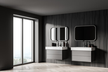 Grey bathroom interior with two sinks and panoramic window