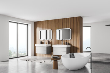 White and wooden bathroom interior with bathtub, two sinks and panoramic windows