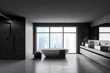 Bathroom interior with bathtub, sinks and shower with windows on skyscrapers