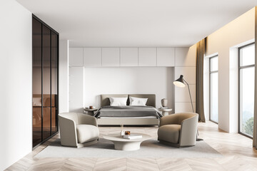 Fototapeta na wymiar White bedroom interior with armchairs and bed on parquet floor with windows