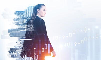 Businesswoman boss in suit walking, candlesticks changes and skyscrapers