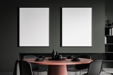 Dark dining room interior with minimalist furniture, mockup posters