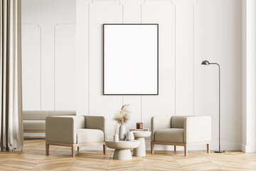 Modern living room interior with wooden floor, furniture, table and armchairs. Home architecture concept. A poster canvas on white wall. Mock up. No people.