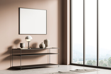 Pink living room interior with rack shelf on concrete floor, poster mockup