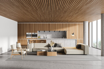 Interior of modern kitchen with wooden ceiling, furniture, table and chairs, big couch in the middle of living space, panoramic window. Dining room. Home architecture concept.