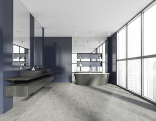 Modern stylish hotel bathroom interior, with ceramic bathtub and two sinks with mirror. Tile on walls, concrete floor. Panoramic window. City view.