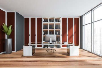 Business manager room interior with furniture and windows