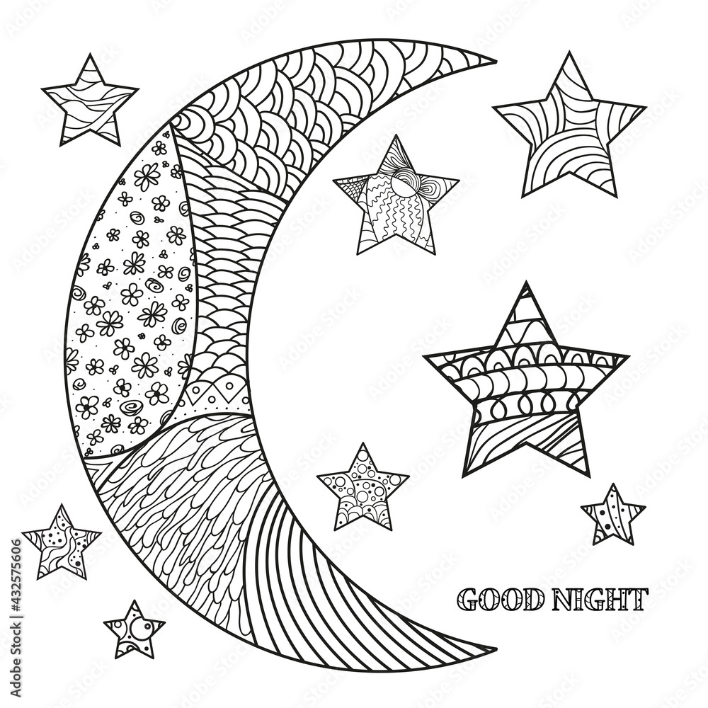 Sticker zentangle moon and star with abstract patterns on isolation background. design for spiritual relaxat