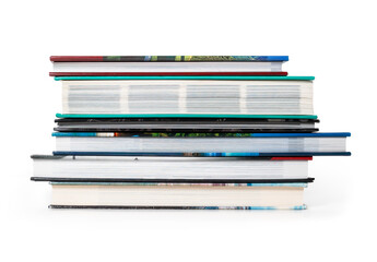 Stack of books, front view. Pile of multiple large hardcover books on top of each other. Concept for education, knowledge, reading and learning. Isolated on white.