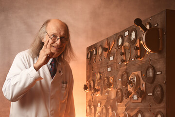 Scientist working in its laboratory, doing a physics experiment, with some vintage instruments