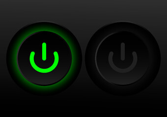 Digital glowing green power button next to a dark, unlit one, illustrating on/off states. Ideal for technology, energy, startup, and user interface designs, symbolizing activation, control.