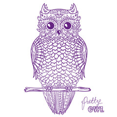 Owl. Design Zentangle. Hand drawn owl with abstract patterns on isolation background. Design for spiritual relaxation for adults. Illustration for coloring. Zen art. Print for polygraphy and textiles