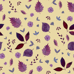 Plants in watercolor. Seamless pattern.  Purple, pink