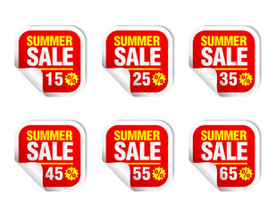 Summer Sale red sticker icon set. Sale 15%, 25%, 35%, 45%, 55%, 65% off