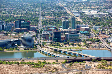 Aerial view of downtown Tempe, Arizona looking north to south