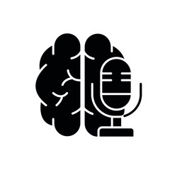 Microphone and brain glyph icon. Podcast. Vector isolated black illustration.