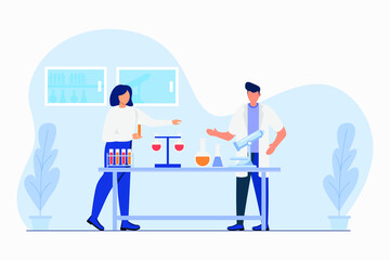 Two scientists in science laboratory doing chemistry research. Man and woman cartoon characters doing lab test with microscope and other equipment on table. vector illustration.