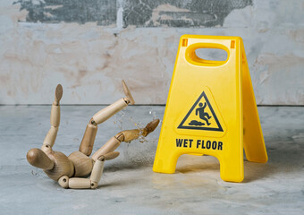 wooden dummy slipped and fell in a puddle with splashing water near a warning sign wet floor