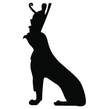 recommend clip art: Ancient Egyptian animal art. God Horus as feline sphinx with falcon head in pharaoh's crown. Black silhouette on white background.