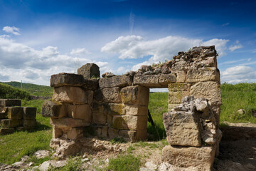 View of the stone gate of the Roman fortress Timacum Minus. Archaeological find of the remains of the stone walls of the Roman military fortress