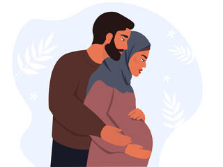 Happy family, Muslim parents. A pregnant woman in a hijab with a large belly, along with the future father of the child, is waiting for delivery. The concept of motherhood, fatherhood, love, care.