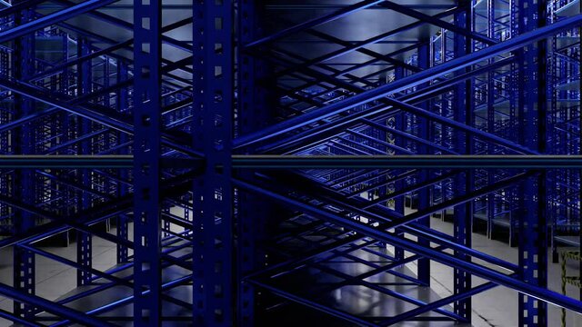 Warehouse with empty rack shelves - storage, depot concept - 3D 4k animation (3840x2160 px).