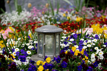 grave lantern on a grave with many colorful spring flowers