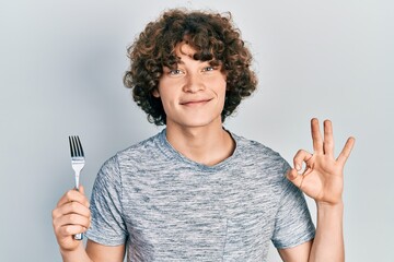 Handsome young man holding one silver fork doing ok sign with fingers, smiling friendly gesturing...