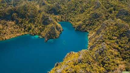 Obraz premium Aerial view: Mountain Barracuda lake, on tropical island with blue water. Lake in the mountains covered with tropical forest on the island Coron, Palawan, Philippines. Travel concept