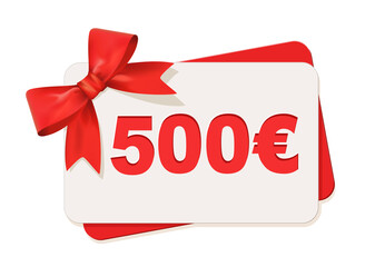 Geschenk Gutschein 500 Euro Karte mit rote Schleife, 
Vektor Illustration isoliert auf weißem Hintergrund
