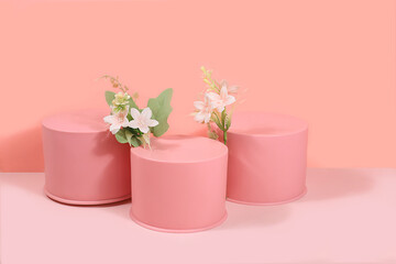 Fototapeta premium Abstract background with colorful round podiums, empty showcase for demonstration or presentation of cosmetic products, scene with geometric shapes with place for text, minimal eco concept 