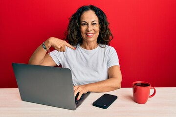 Fototapeta premium Beautiful middle age woman working at the office using computer laptop pointing finger to one self smiling happy and proud