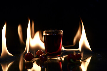 red drink with fire behind and reflection on black background