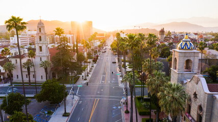 Aerial sunset view of the downtown area of Riverside, California.