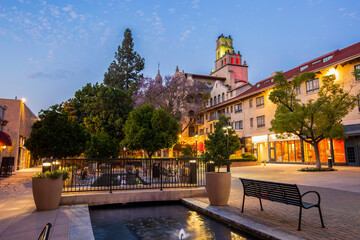 Twilight view of the historic section of downtown Riverside, California.