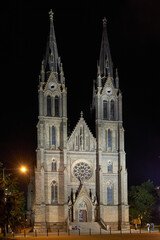 The Church of St Ludmila at night in Prague