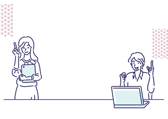 笑顔で働く男性と女性　パソコン　タブレット　