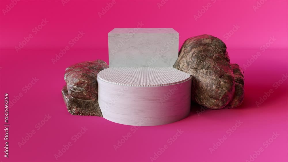 Poster embossed 3d render round podium with rectangular back and geometric cobblestones on sides. realistic