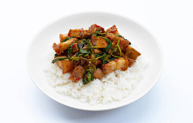 Rice topped with stir fried crispy pork with holy basil