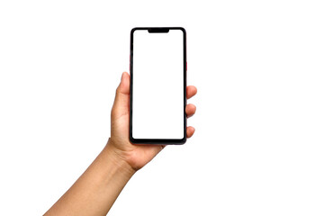 The hand is holding the white screen, the mobile phone is isolated on a white background with the clipping path.