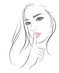 Sexy girl making a quiet gesture. vector illustration isolated cartoon hand drawn. Line art