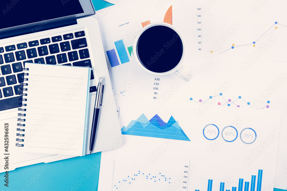 Poster laptop computer and documents report statistic financial with graph and chart and coffee and book, f
