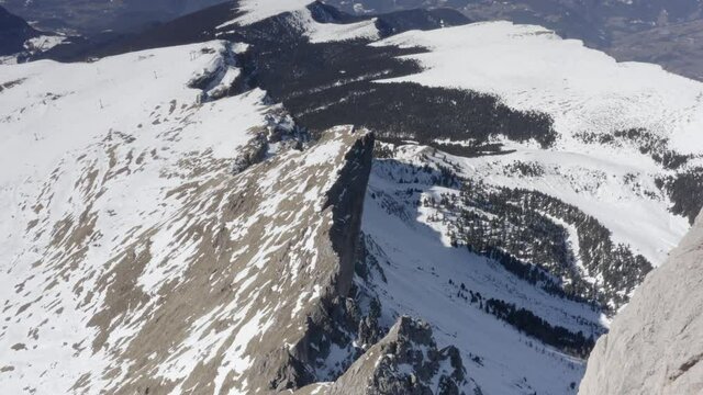 Aerial flight adove stunning Alps. 
High mountain peaks sharp cliffs Dolomites, Italy
Drone view  from Italy Top Peaks 

