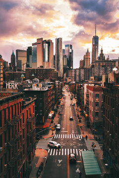view street sunset New York City skyline vertical beautiful place sky buildings 