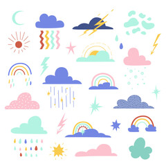 A set of celestial elements - clouds, rainbows, stars, sun. Kids vector Illustration