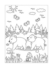 Coloring page with bear cubs exploring world in autumn or summer, mushrooms, forest
