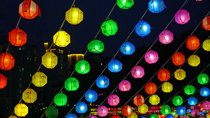 Busan,Korea-May-06-2021 Lotus lanterns to celebrate Buddha's birthday at Samgwangsa Temple in Busan