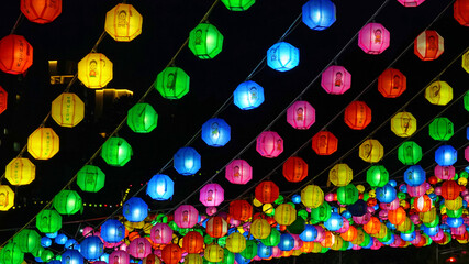 Busan,Korea-May-06-2021 Lotus lanterns to celebrate Buddha's birthday at Samgwangsa Temple in Busan