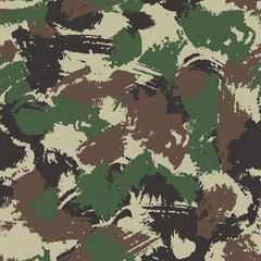 Camouflage seamless pattern. Brushstroke effect. Blots khaki camo, hand drawn texture. Three colors-Olive green, brown, beige. Vector grunge wallpaper