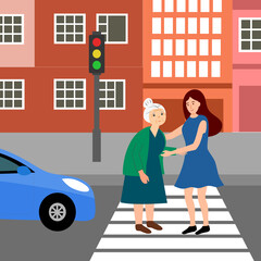 Woman helps elderly woman crossing the road at crosswalk with traffic light at the road, vector illustration. City street with car. A mom and daughter are at traffic light, flat design.